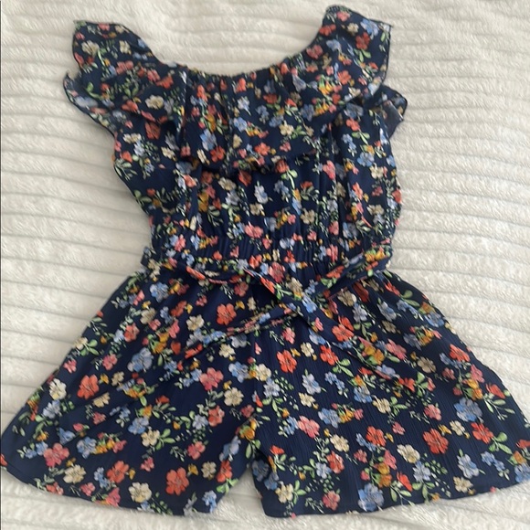 Blue and Red Floral Jumpsuit with Ruffled Sleeves - Picture 1 of 6
